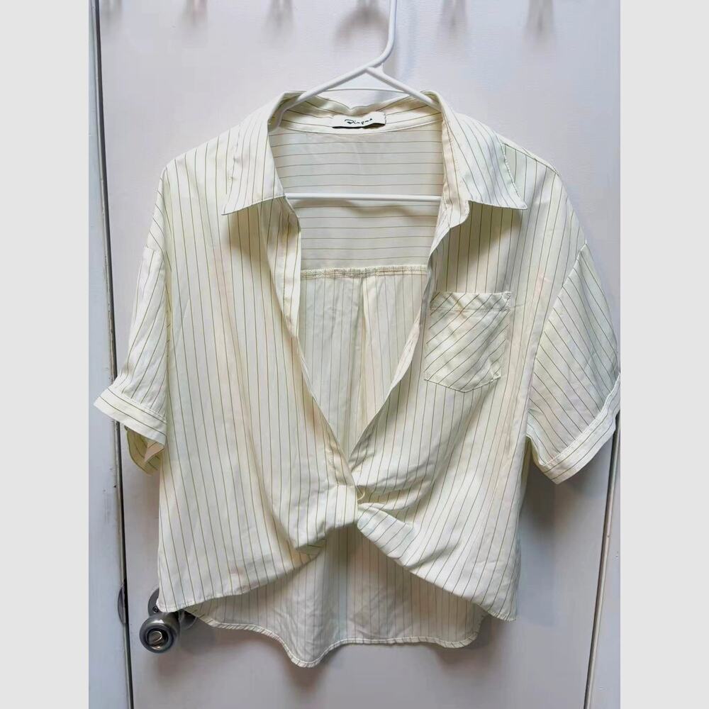 Twist Front Striped Shirt Women Short Sleeve Camp Collar High Low Crop Blouse M